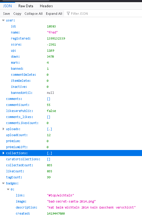 JSON data in structured format (easy to read)