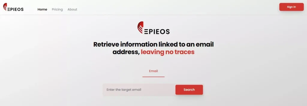 The picture shows the home page of the email lookup tool: Epieos.