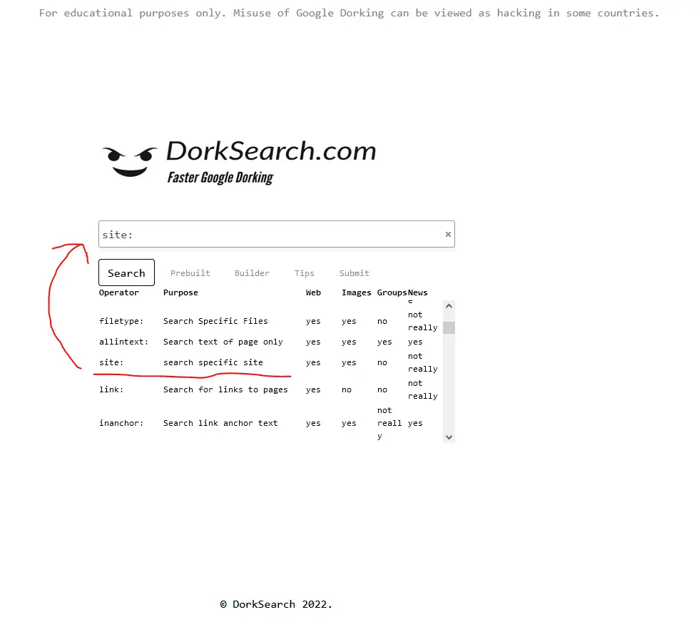 Clicking any of the buttons on DorkSearch will present thousands of easy-to-choose options for Google Dorking, with handy descriptions of their purpose, and even whether they are useful for searching websites, images, groups, news, or all of the above!